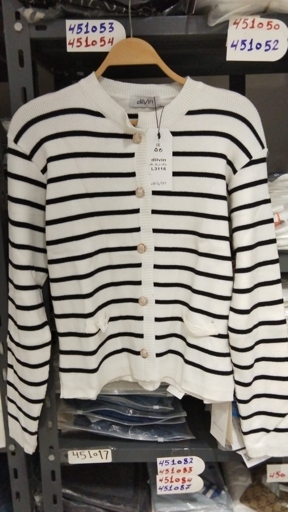 [83154] Striped Knit Cardigan - Gold Buttons - 3115 (White)