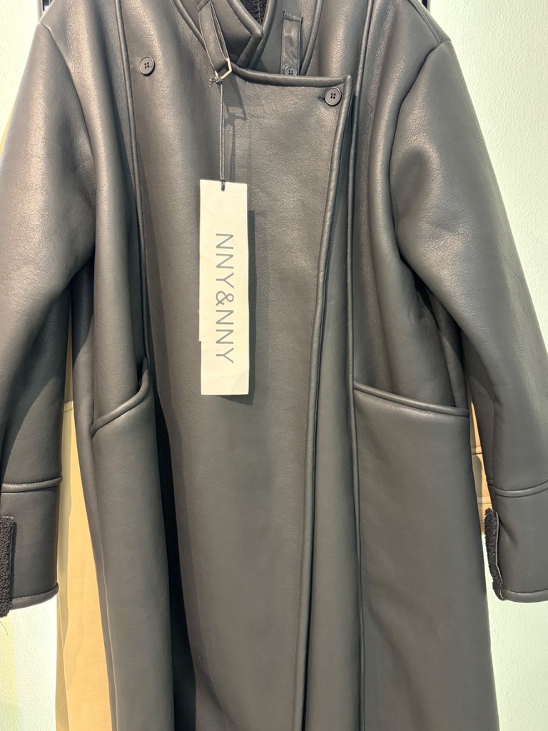 [7512] 33190Paded Belted Leather Long Coat (Black)