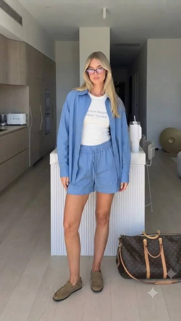 [22435] 3Pcs Solid Set , Shirt & Shorts & Top (Blue)