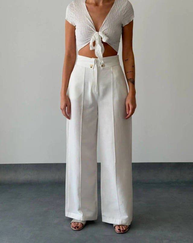 Lined Flopped Waist Solid Pants 7818
