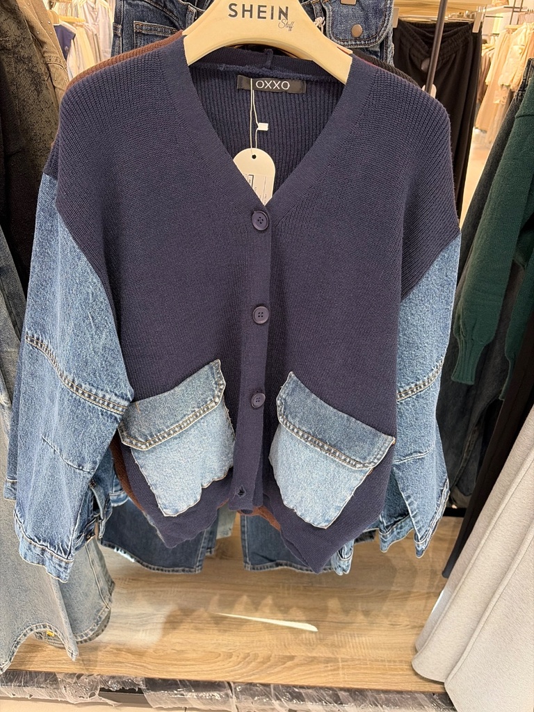 Women's Knit Cardigan - Denim Sleeves & Pockets - 915