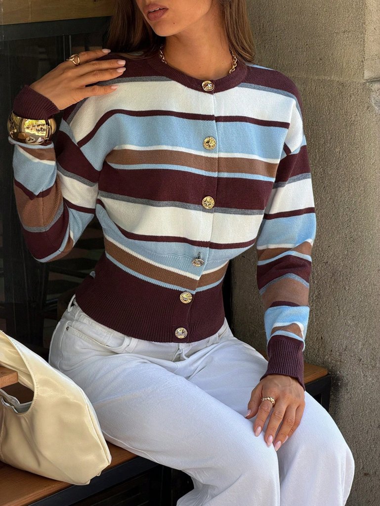 Striped Round Neck Cardigan