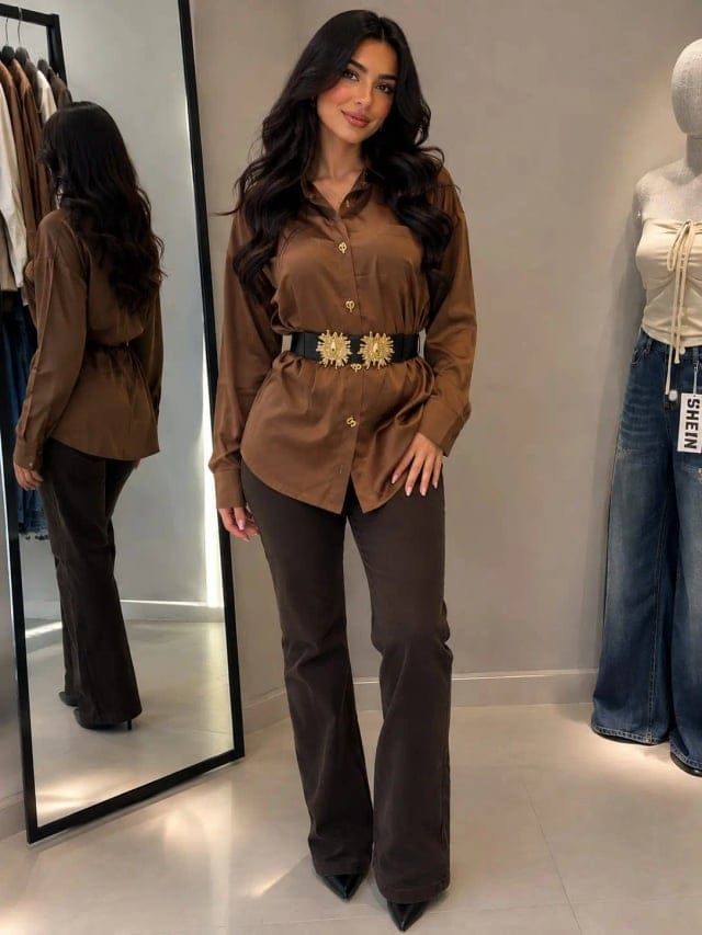 [79130] Solid Silky Dior Belted Blouse (Brown)