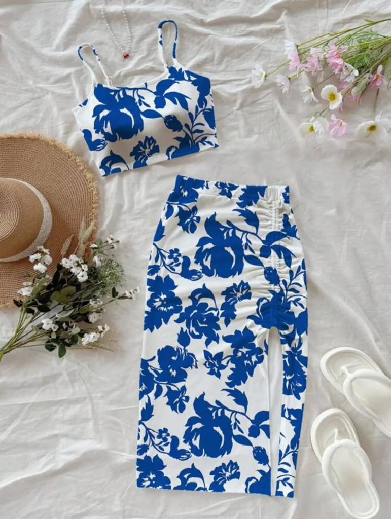 2pcs Floral Top & Skirt Set