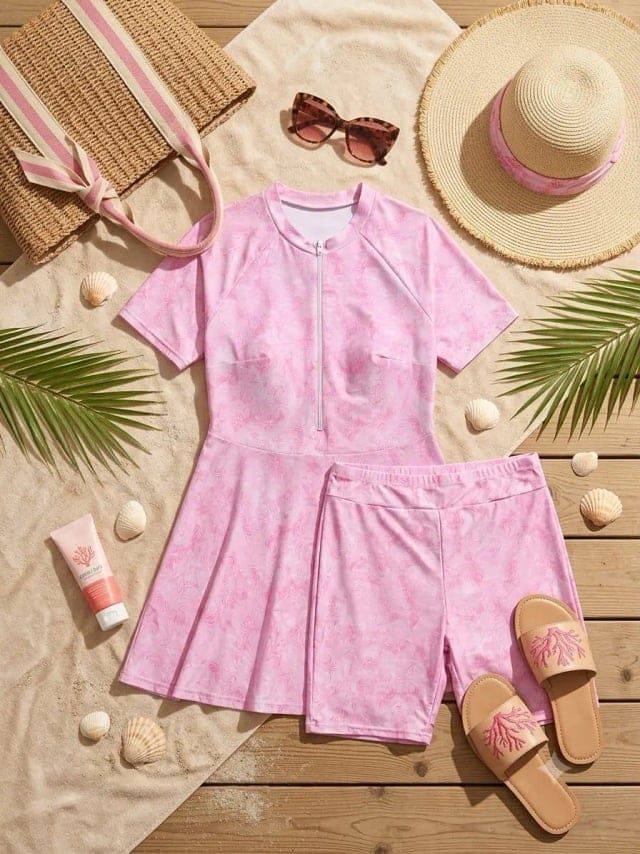 [27015] 2Pcs Printed Half Sleeves Top & Shorts Swimsuit (2XL)
