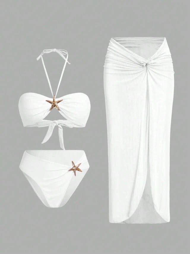 2Pcs Bikini Star Décor & Solid Cover Up Swimsuit