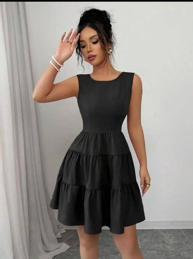 [72373] Solid Short Open Back Dress (Pink, L)