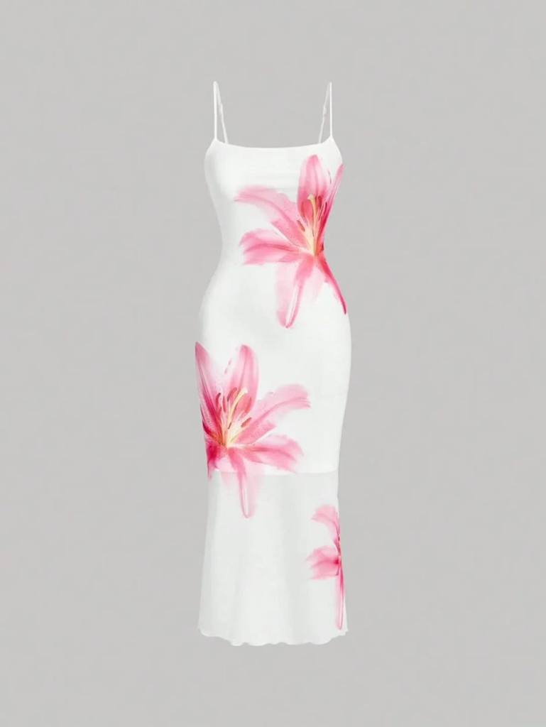 [72653] Floral Print Strape Shoulders Dress (L)