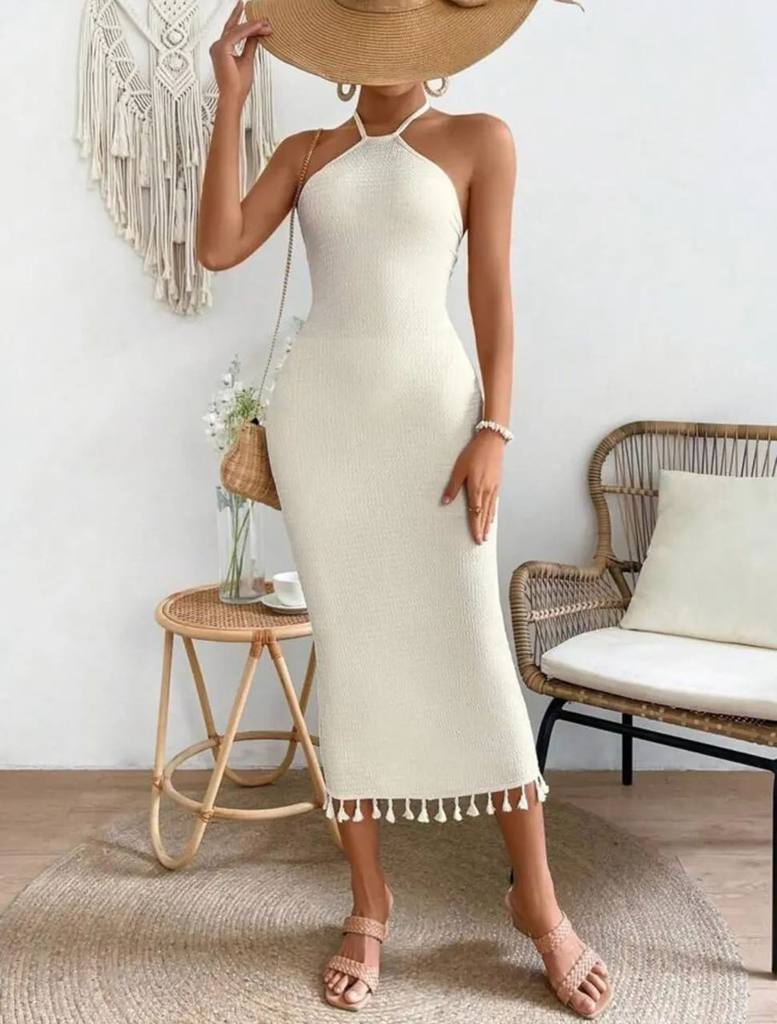 Halter Neck Frill Bottom Solid Dress