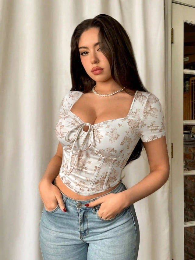 [72718] Ribbon Ches. Half Sleeves Short Top (Khaki, L)