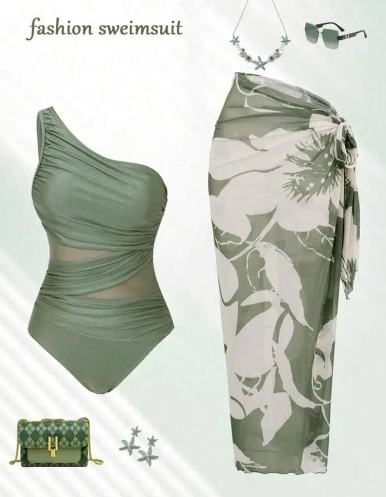 [72864] 2Pcs Swimsuit Solid Top & Floral Coverup (S)