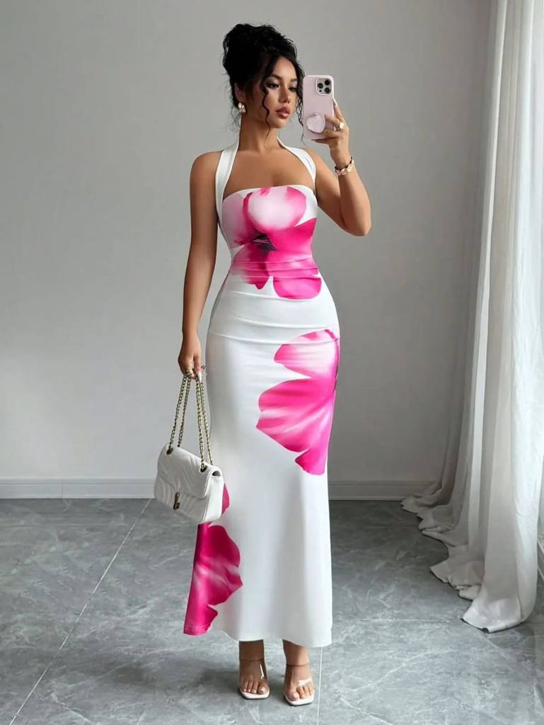 [72873] Halter Tie Waist Fitted Midi Floral Print Dress (L)
