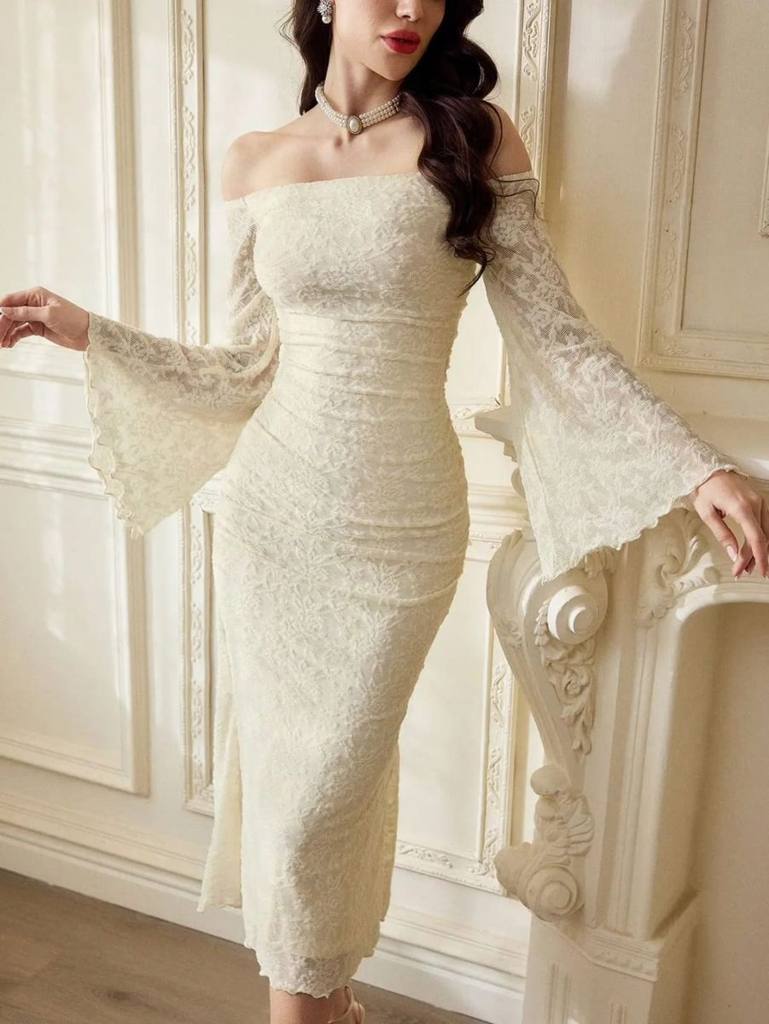 [73084] Vitamour Vintage Knitted Jacquard Lace Mesh Long Sleeves Dress (Beige, XL)