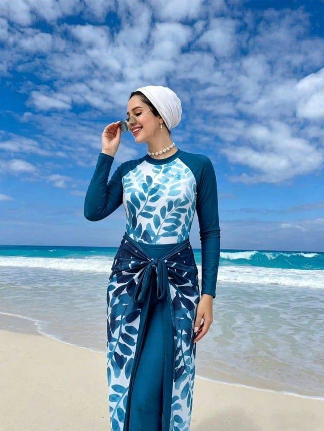 [73403] Burkini Leaf Print Swimsuit & Cover up (S)