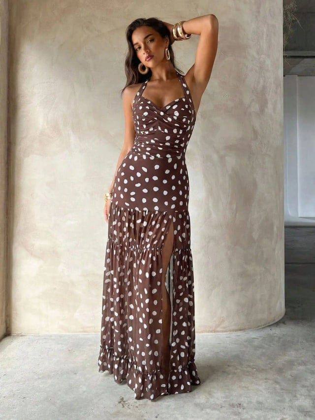 [73438] 1Pc Polka Dot Swimsuit & Asymmetric Maxi Polka Dot Dress (Black, XL)
