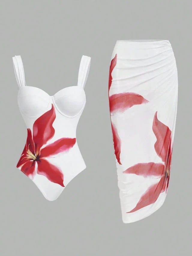 1Pc Swimsuit Flower Print & Coverup