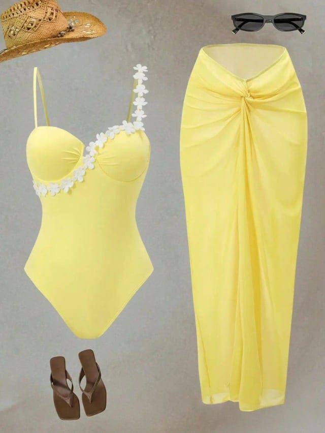 1Pc Flowers Swimsuit & Solid Coverup