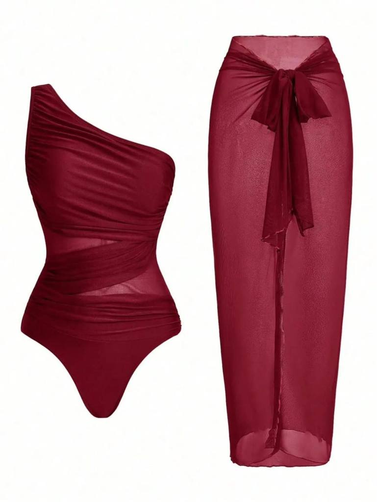 [76514] 1Pc One Shoulder Swimsuit & Solid Cover Up (XL)