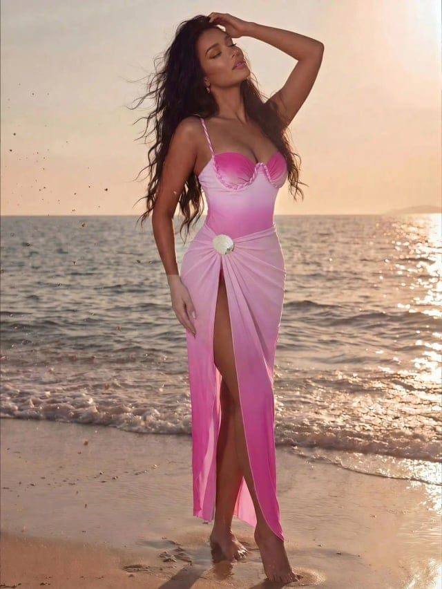 1Pc Spaggeti Shoulders Cup Swimsuit & Chain Coverup