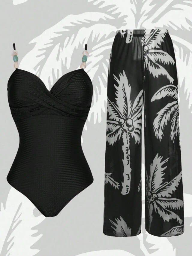 [76531] 1Pc Chain Shoulders Solid Swimsuit & Planet Print Coverup Pants (Black, S)