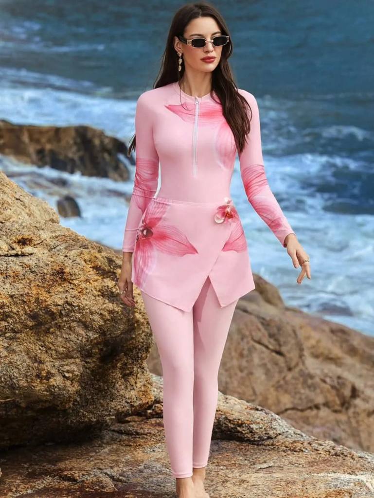 Flower Print Burkini Swimsuit & Skort Coverup