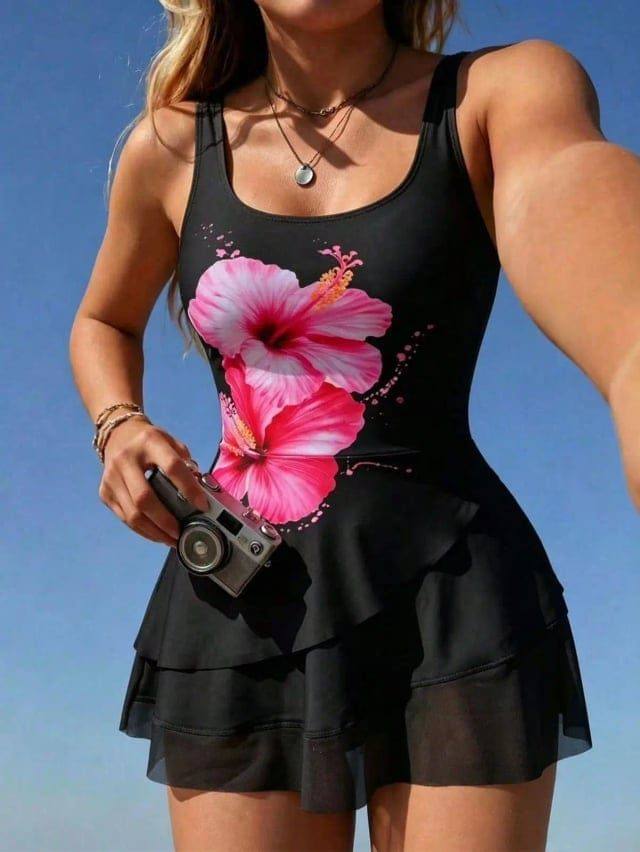 Cut Shoulder Flower Print Swimsuit