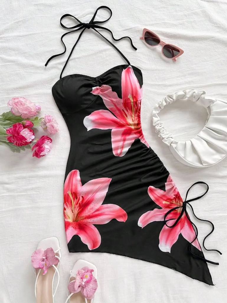[78105] Floral Print Asymetric Ropped Dress (Black, M)
