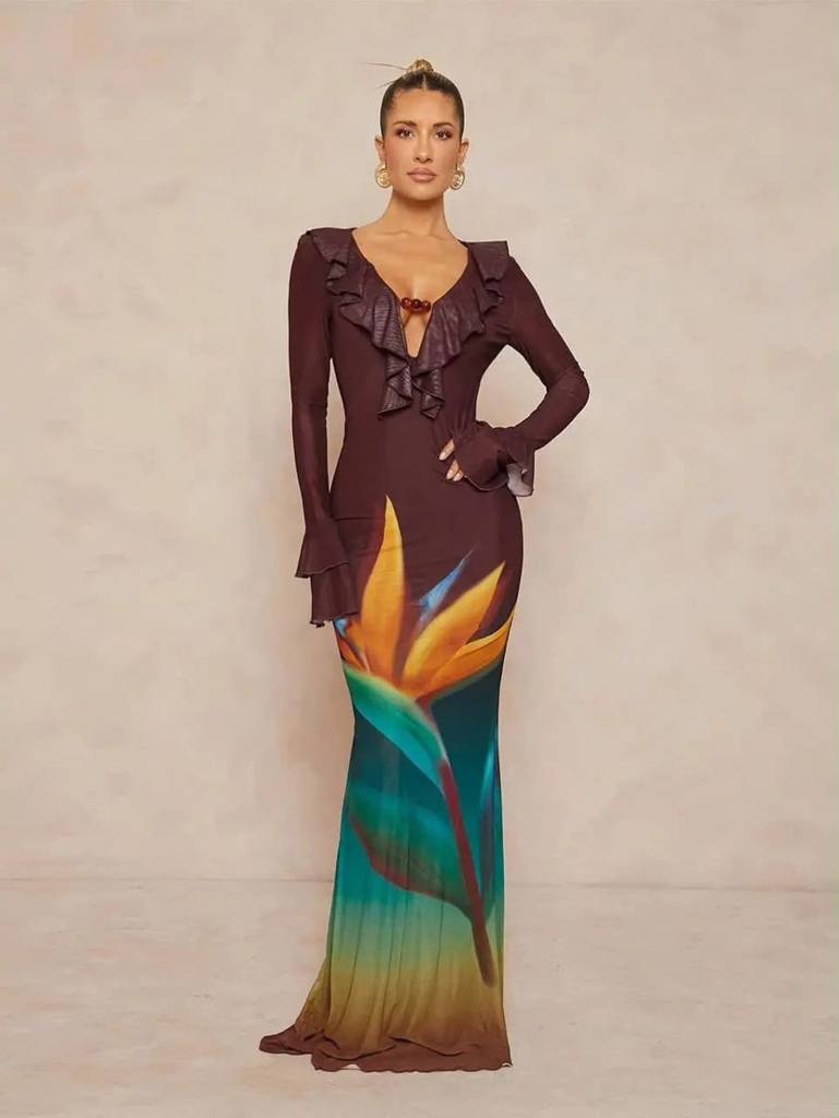 Sunflower Print Long Sleeves Dress New