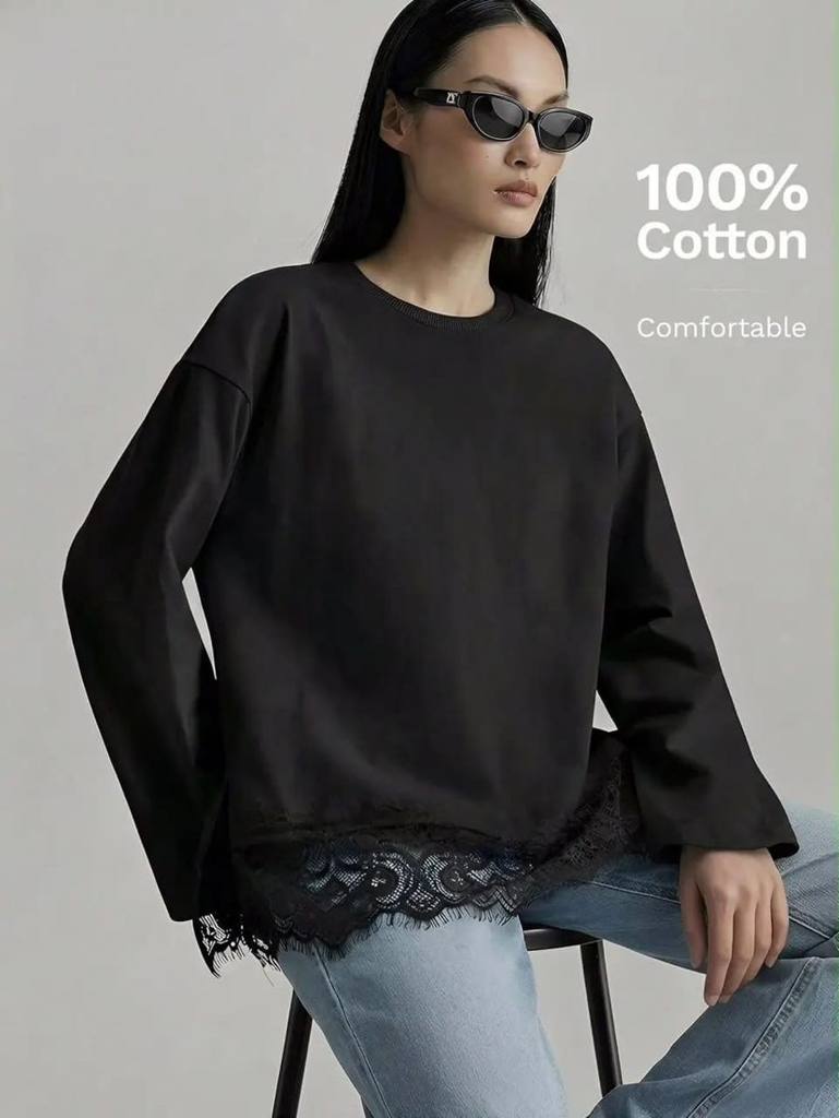 [78216] Ontre Long Sleeves Cotton T-Shirt (Black, S)