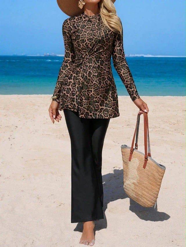 [78889] Leopards Print Long Top Swimsuit 26 (S)