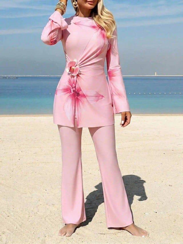 [78898] Flare Sleeves Floral Print Burkini Swimsuit (M)