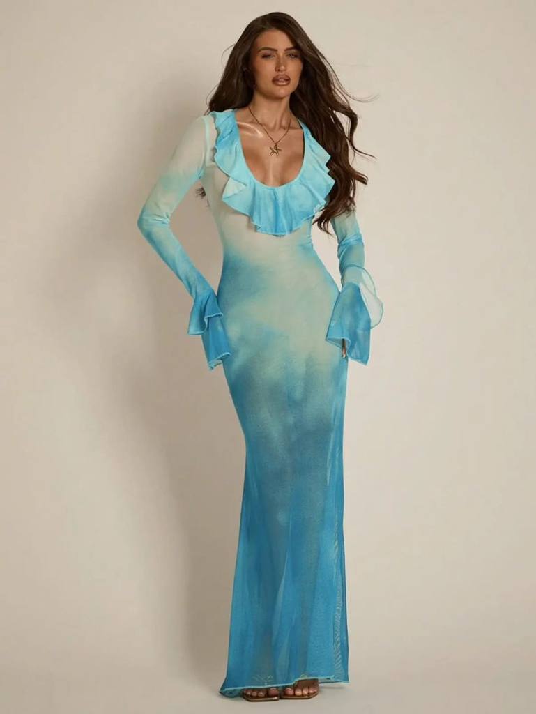 [79014] Flare Sleeves Wide Frill Ches. (Blue, M)