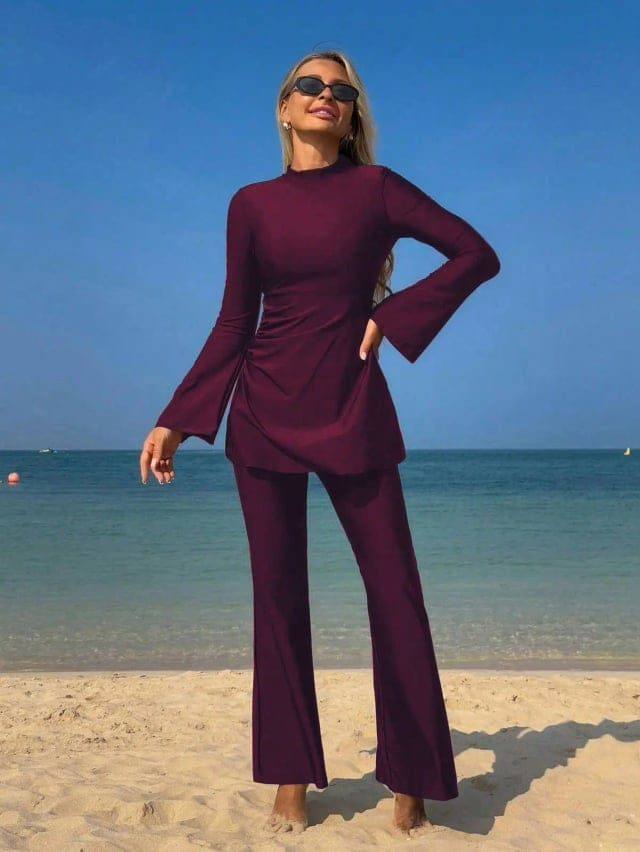 [79043] Solid Flare Sleeves & Pants Burkini Swimsuit (Olive Green, M)
