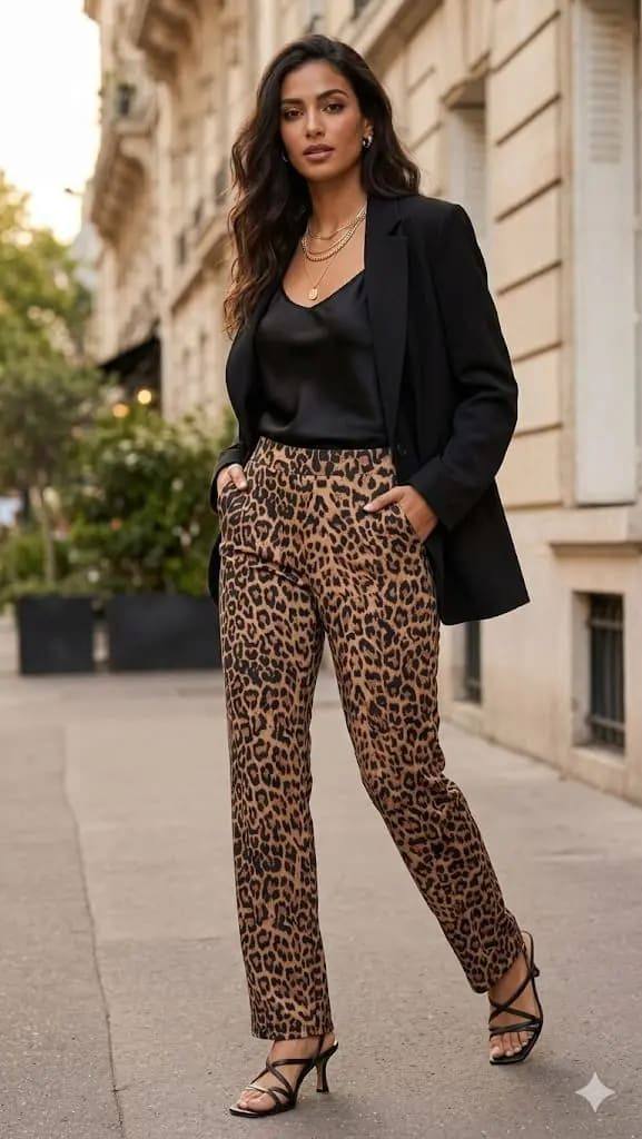 [8374] Leopards Print Wide Leg Leggings 1564 (Brown, M)