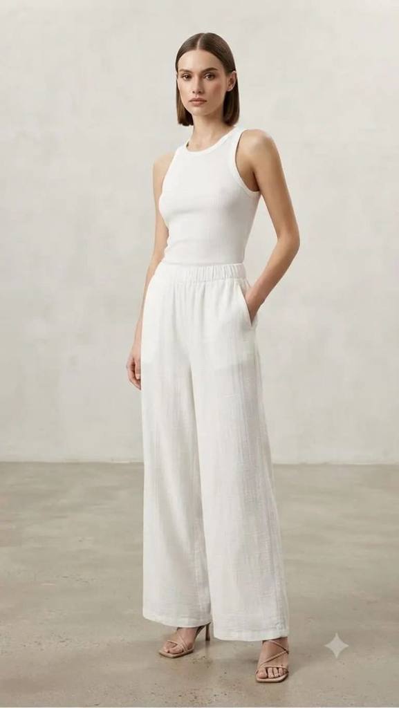 [23926] Elastic Waist Long Linin Solid Pants 8029 (White, S)